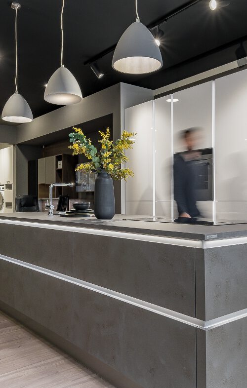 White & grey portland kitchen display in our Wilmslow kitchen showroom